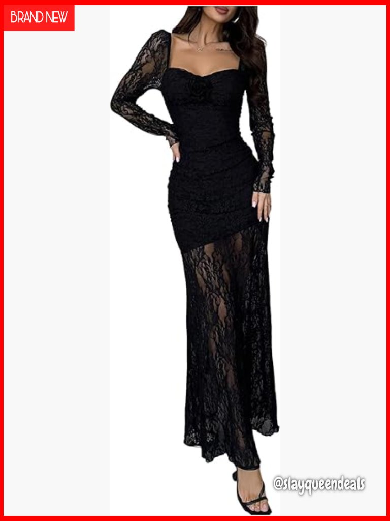 See-Through Lace Maxi Dress Long Sleeve Bodycon Ruched Prom Cocktail Party